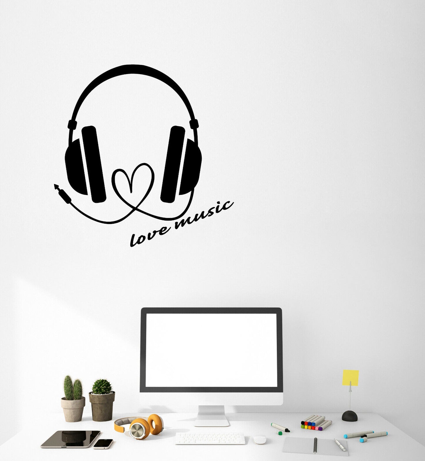 Vinyl Wall Decal Musical Headphones Heart Love Music Quote Word Stickers 3729ig