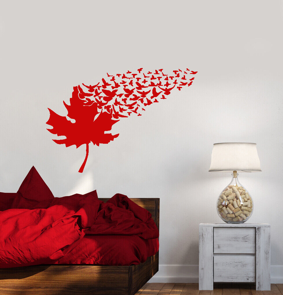 Vinyl Wall Decal Maple Tree Leaf Flock Of Birds Room Decor Stickers (3788ig)