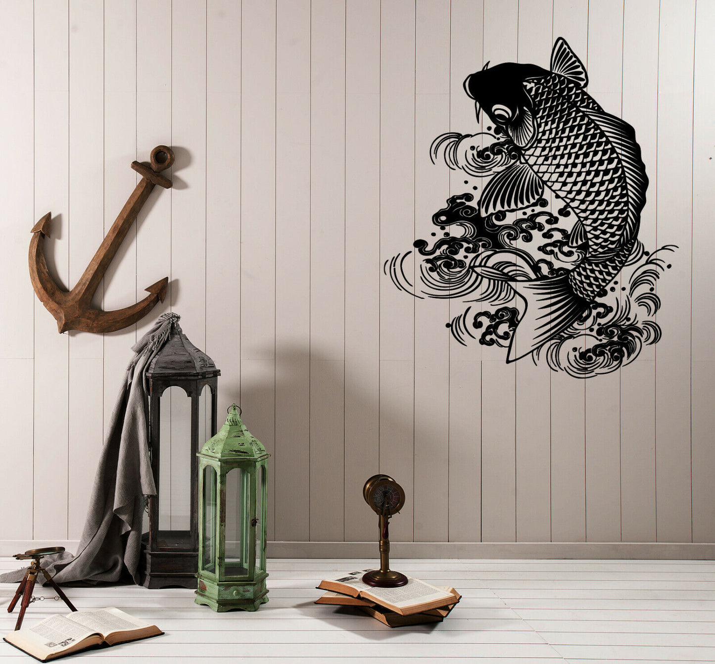 Mur vinyle autocollant Koi carpe poisson vague asiatique japonais décor intérieur (n1106)