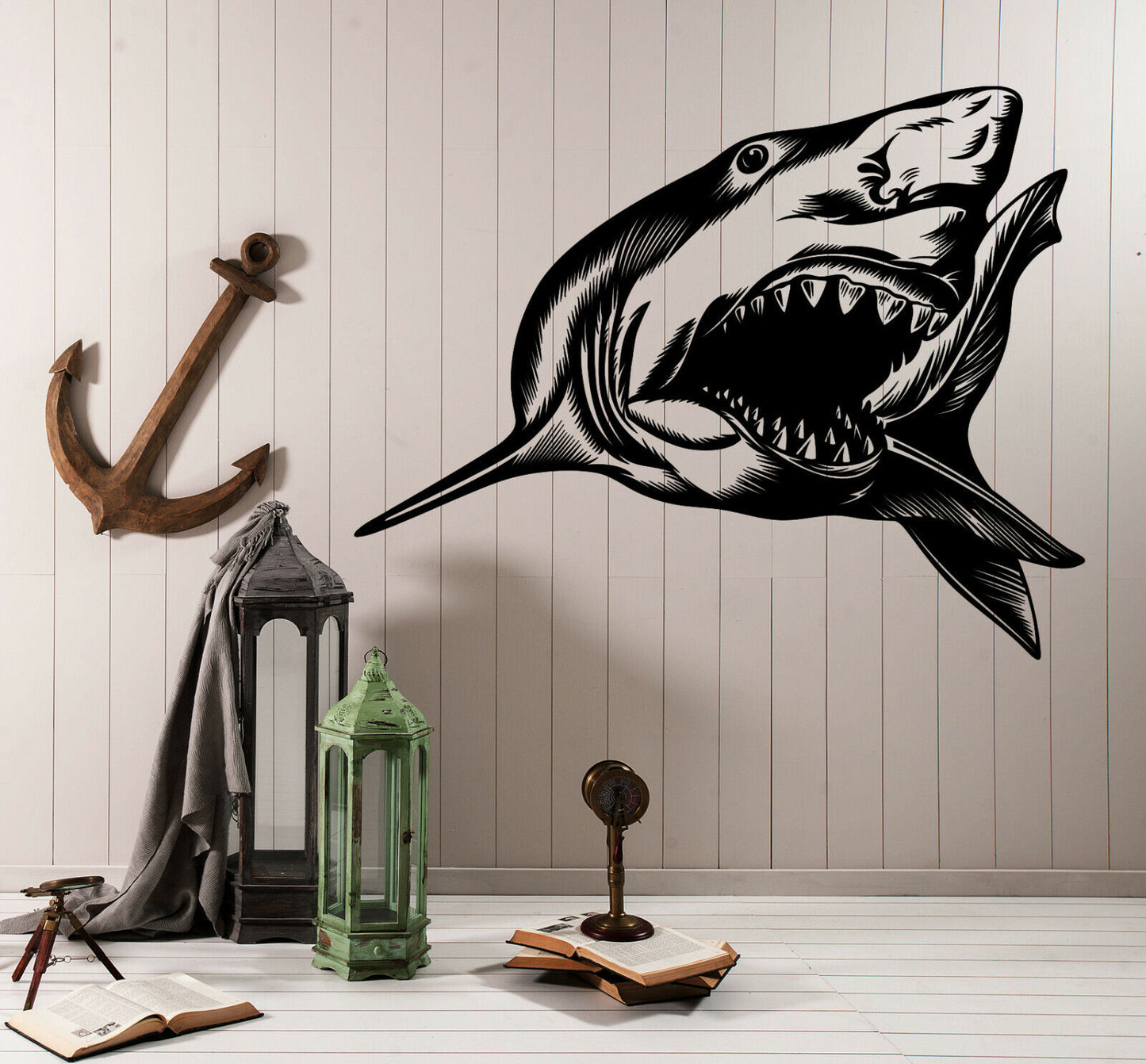 Autocollant mural en vinyle, Animal océan, grand requin agressif (n1107)