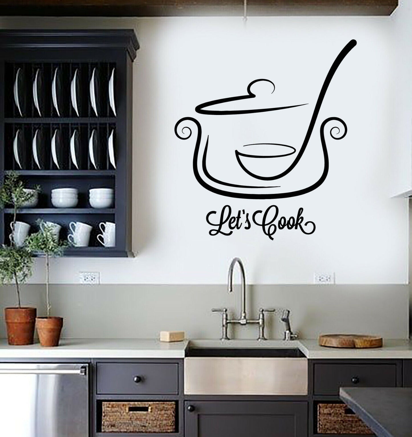 Autocollant mural en vinyle, poêle et louche, allons cuisiner, Motivation pour la cuisine, 3810ig