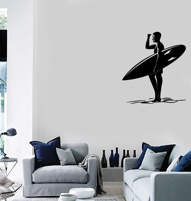 Wall Vinyl Decal Surfer with Surfboard Beach Sun Ocean Sticker Mural (n1117)