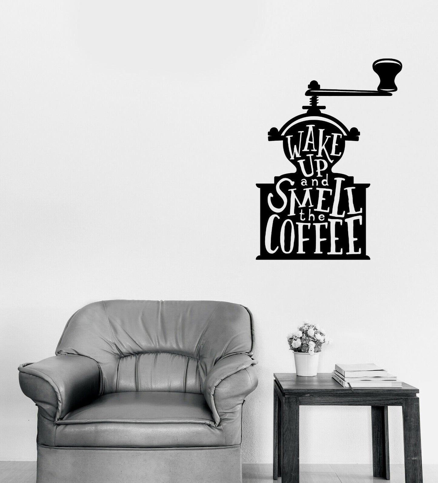 Wandtattoo mit Worten auf einer Kaffeemühle, Zitate über Kaffee, Vinyl, Heimdekoration, n1127