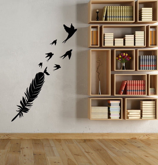 Vinyl Wall Decal Quill Pen Flock Of Birds Feather For Writer Stickers (3873ig)