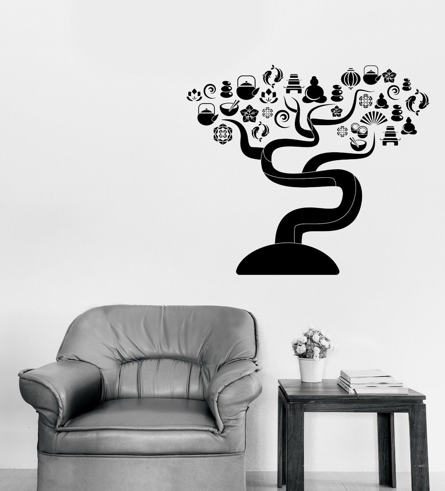 Autocollant mural en vinyle, arbre avec icônes de Yoga Zen, décor artistique (n1151)