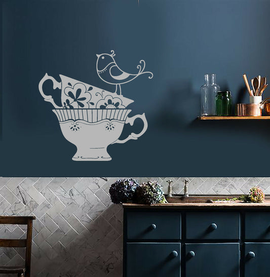 Vinyl Wall Decal Ornament Little Bird Tea Cups Kitchen Decor Stickers (3926ig)