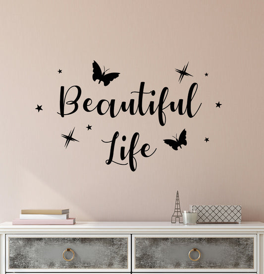 Wandaufkleber „Beautiful Life“ mit Zitaten und Schmetterlingen, Vinyl, 3948ig