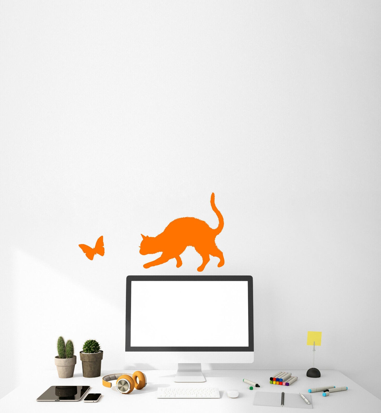 Vinyl Wall Decal Silhouette Funny Cat and Butterfly Stickers (3959ig)