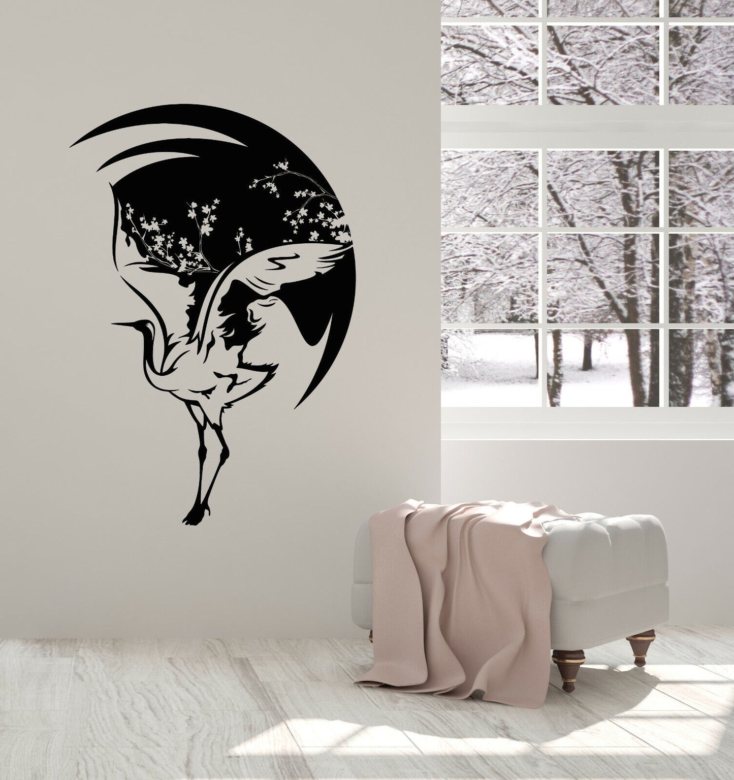 Vinyl Wall Decal Asian Bird Japanese Heron Sakura Tree Stickers (3978ig)