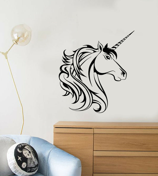 Autocollant mural en vinyle, tête de licorne de dessin animé, autocollants de décoration pour chambre d'enfant (3995ig) 