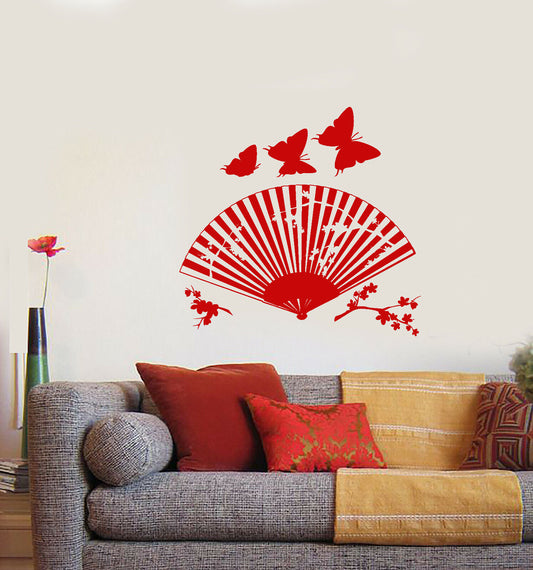 Wandaufkleber, Vinyl, asiatischer japanischer Fan, Sakura-Zweig, Schmetterling (4036ig) 