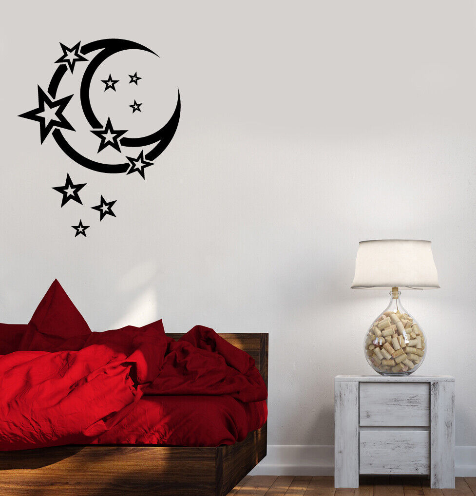 Autocollant mural en vinyle, décor de croissant de lune et d'étoiles pour chambre à coucher (4111ig)