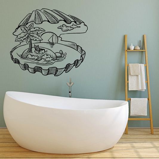 Wall Vinyl Decal Sea Shell Landscape Sea Sun Palm Yacht Beach Sticker (n1268)