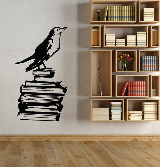 Autocollant mural en vinyle pour bibliothèque, maison, oiseau abstrait sur livres, autocollants de librairie (4293ig)