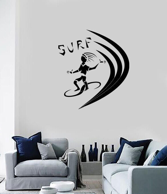 Vinyl Wall Decal Sticker Surfing Man Wave and Surf Sign (n1330)