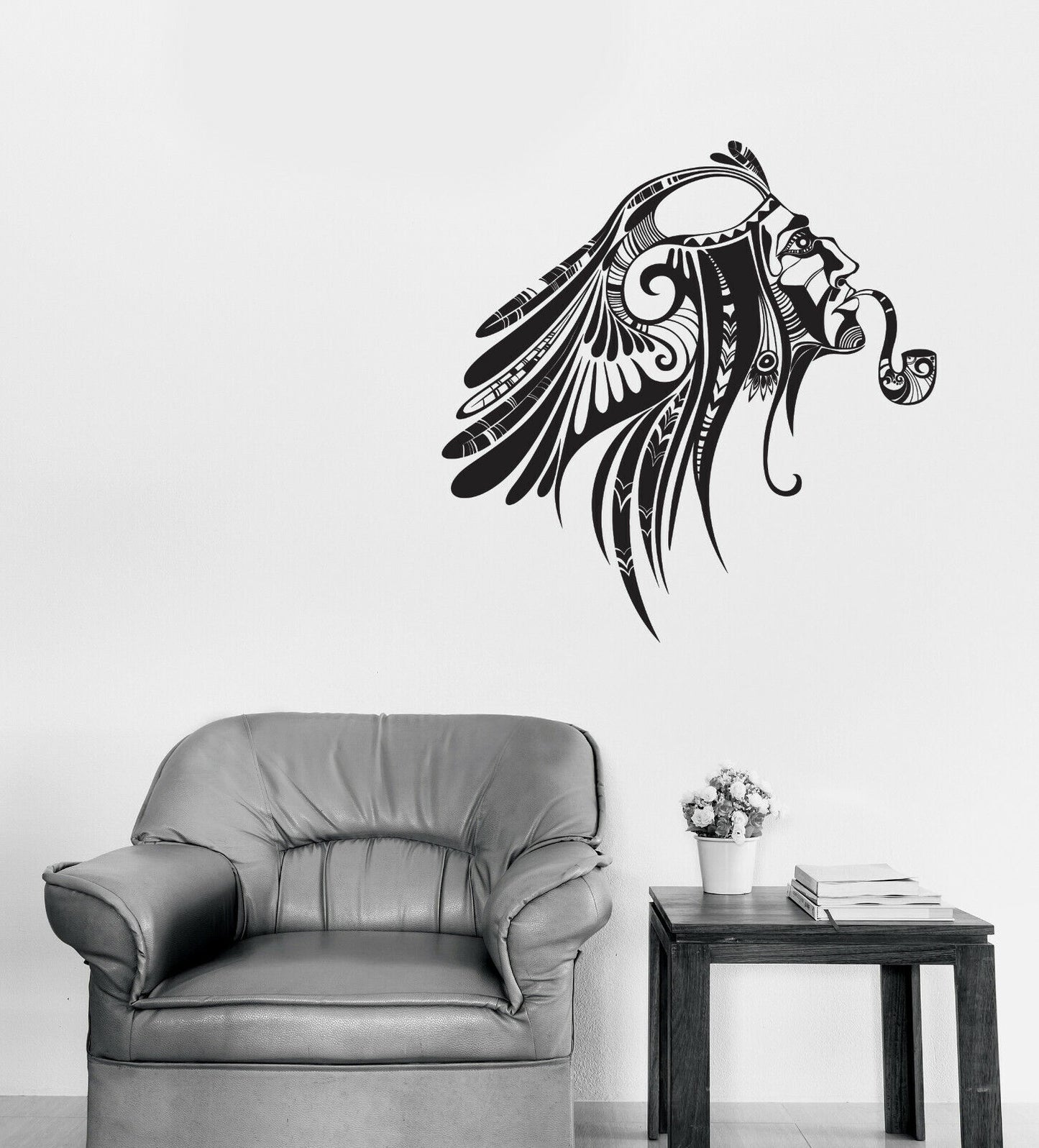 Vinyl Wall Decal Tattoo Style Sticker Head of Man Indigenous with Pipe (n1368)