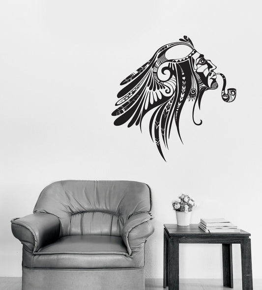 Vinyl Wall Decal Tattoo Style Sticker Head of Man Indigenous with Pipe (n1368)