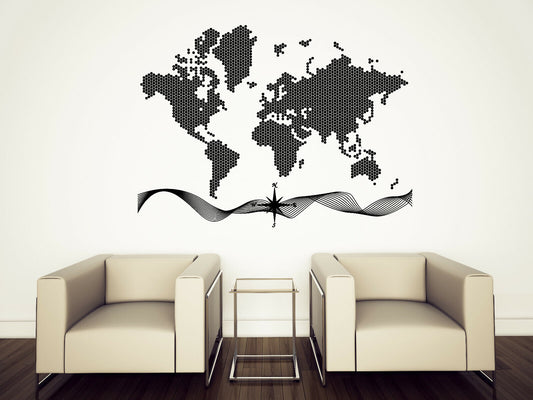 Wall Sticker Vinyl Decal World Map Dotted Compass Cardinal Points (n1431)