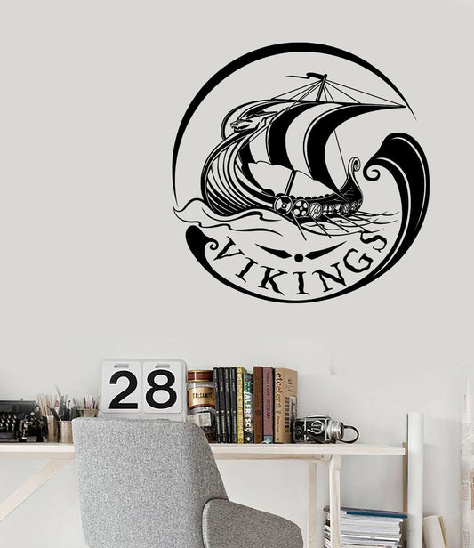 Autocollant mural en vinyle, bateau Viking, bateau de mer, vagues, décor nautique (n1433)