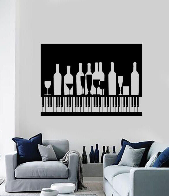 Vinyl Wall Decal Wine Cocktail Glasses Wine Bottles Piano Bar Cafe Decor (n1646)