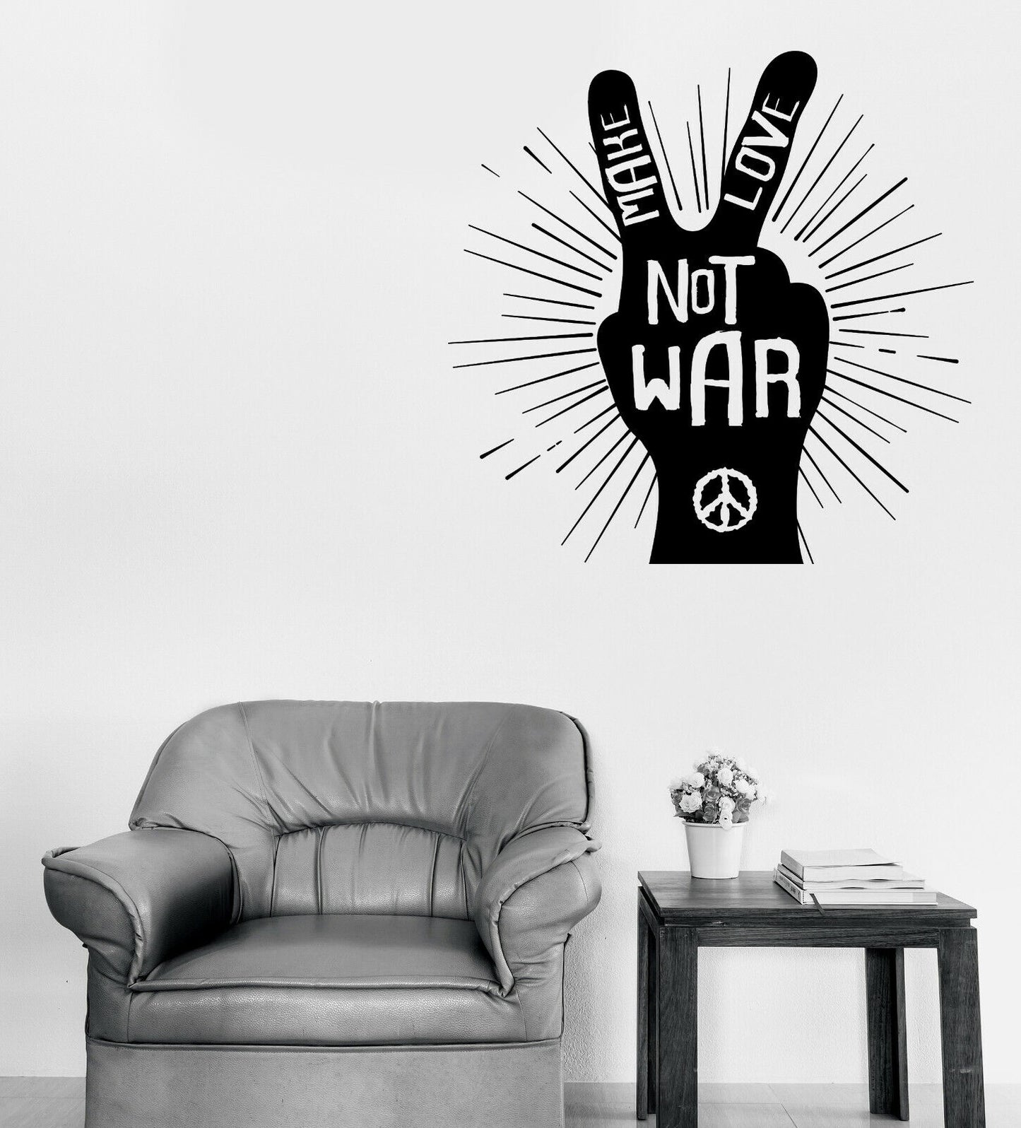 Autocollant mural en vinyle signe de paix avec mots de paix Make Love Not War (n1653)