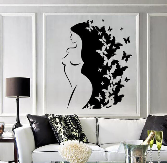 Wandtattoo Vinyl Aufkleber Silhouette Schönes Mädchen lange Haare Schmetterlinge (n1761)