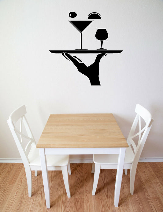 Vinyl Wall Decal Restaurant Kitchen Cafe Bar Waiter Tray Cocktail Drink (n1790)