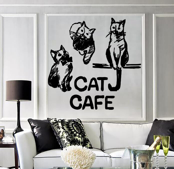 Autocollant mural en vinyle, Logo de café de chat pour les amoureux des animaux (n1822)