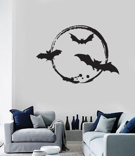 Autocollant mural en vinyle, chauve-souris d'Halloween, étrange cercle de lune (n1881)