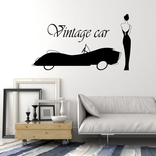 Vinyl Wall Decal Logo Vintage Car Word Retro Style Lady in Dress Stickers 4365ig