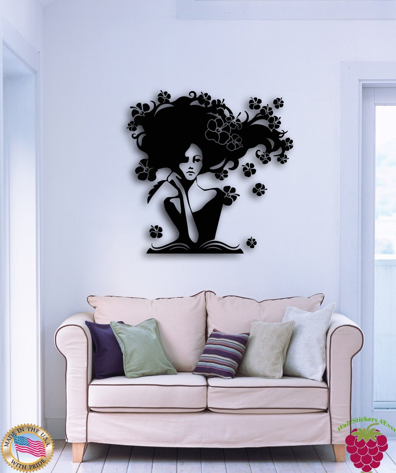 Wall Sticker Girl Pen Hair Flowers Writer Journalist Coolest Decor  ( z1596)