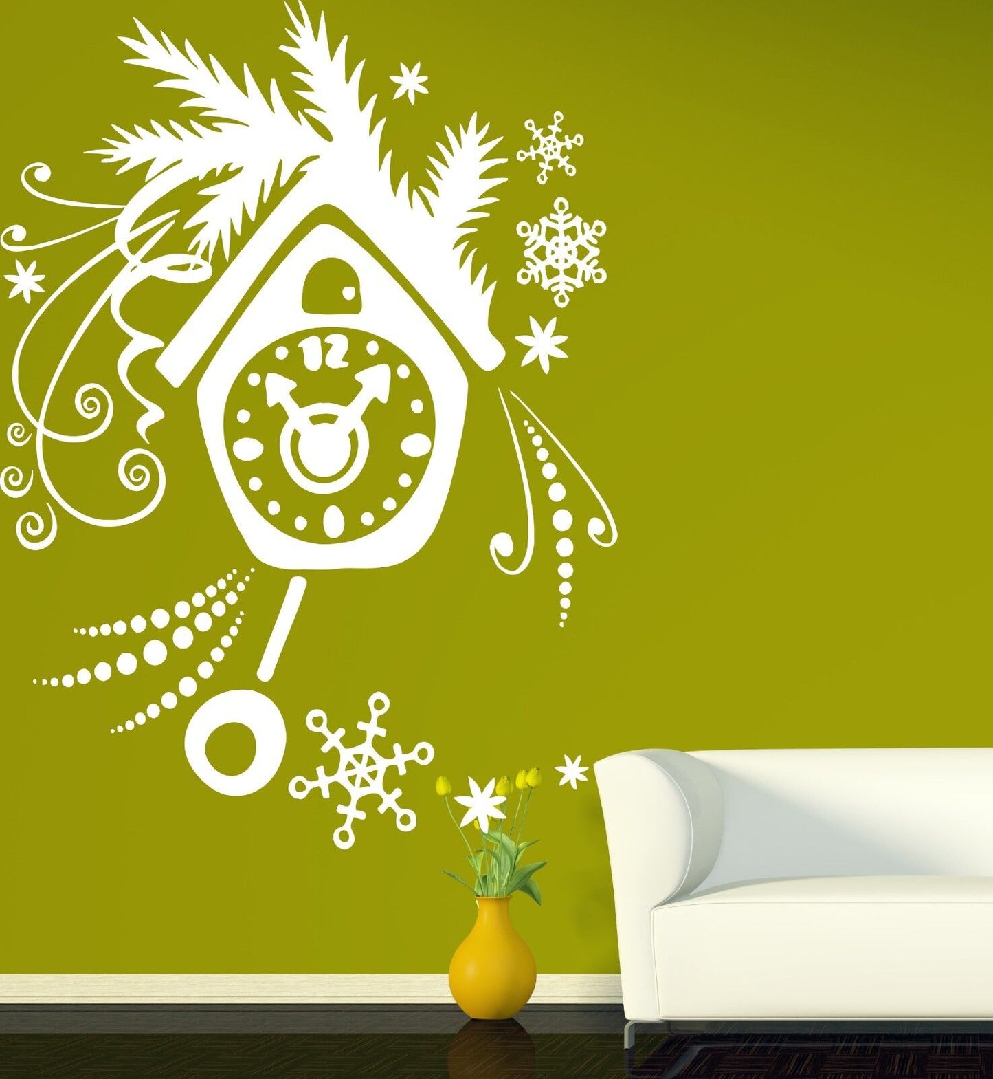 Wall Vinyl Sticker Decal Pendulum Clock Dial Snowflakes Spruce Branch (n029)