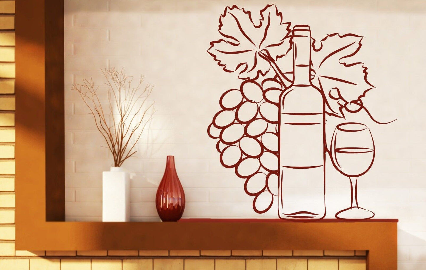 Autocollant mural en vinyle, bouteille de vin, verre, grappe de raisin, décoration de cuisine (n091)