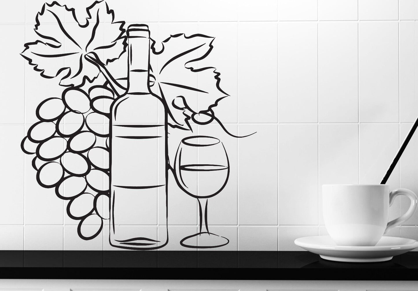 Wall Vinyl Sticker Wine Bottle Glass Bunch Grapes Decoration Kitchen (n091)