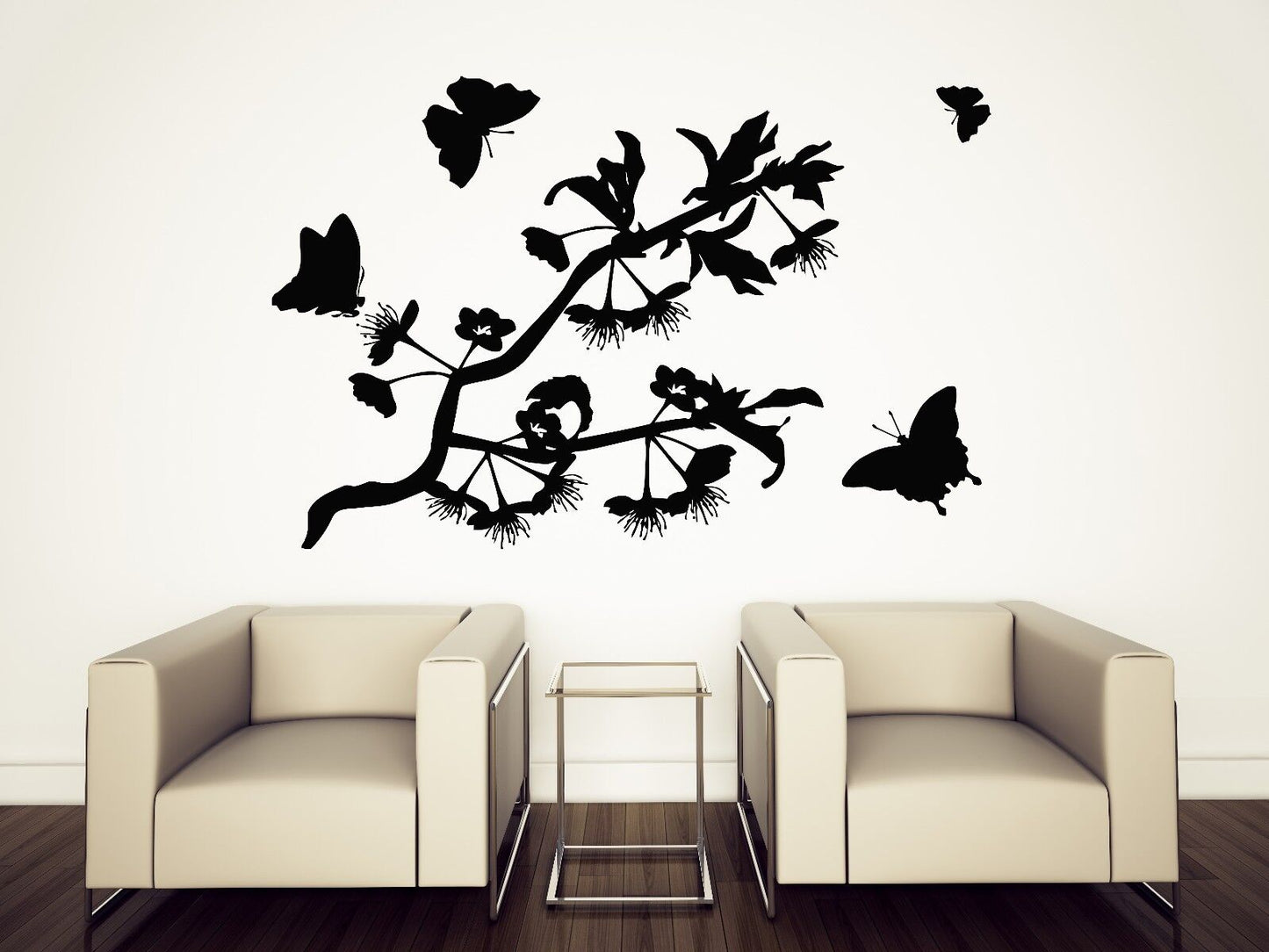 Autocollant mural en vinyle, papillons voltigent, jolies fleurs aromatiques (n101)