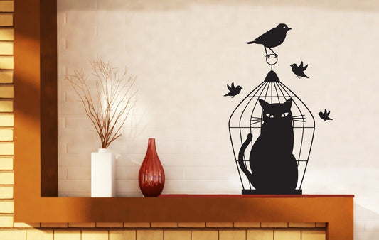 Autocollant mural en vinyle, oiseau pris dans une Cage, chat triste, tromperie déjouée (n117)