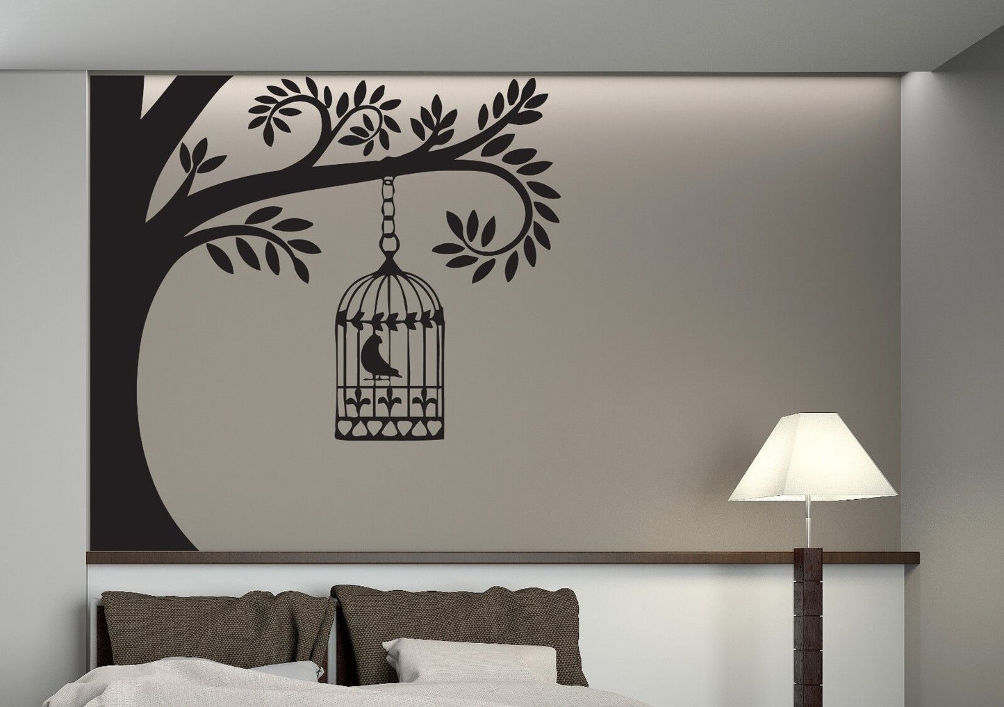 Vinyl Wall Stickers Branch of Tree Bird Cage Sings Nightingale (n165)