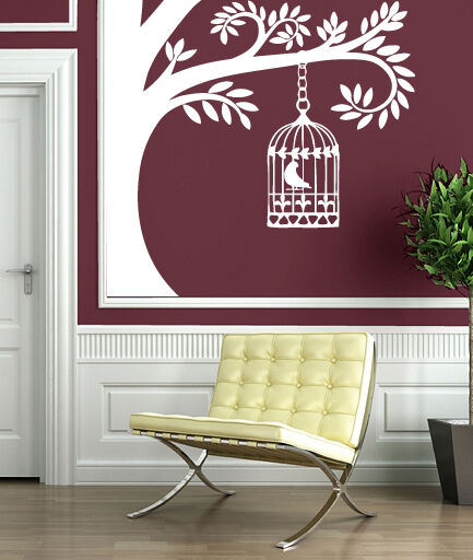 Vinyl Wall Stickers Branch of Tree Bird Cage Sings Nightingale (n165)