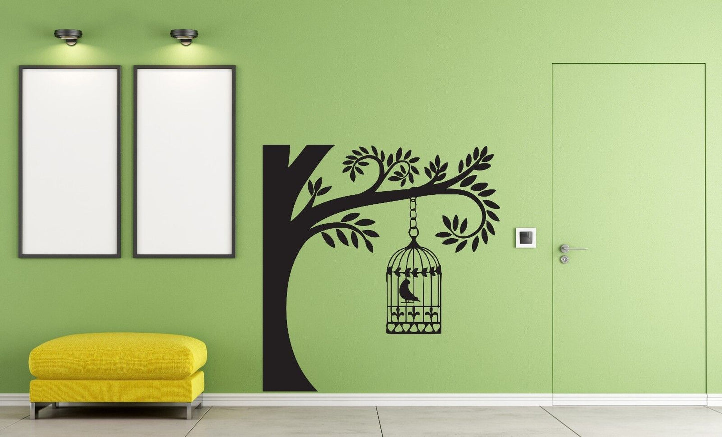 Vinyl Wall Stickers Branch of Tree Bird Cage Sings Nightingale (n165)