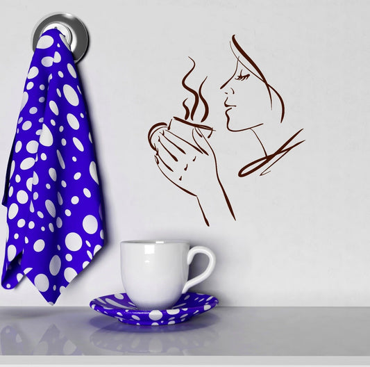 Wall Vinyl Sticker Decal Beautiful Woman Tea Cup Kitchen Coffee Shop (ig2079)