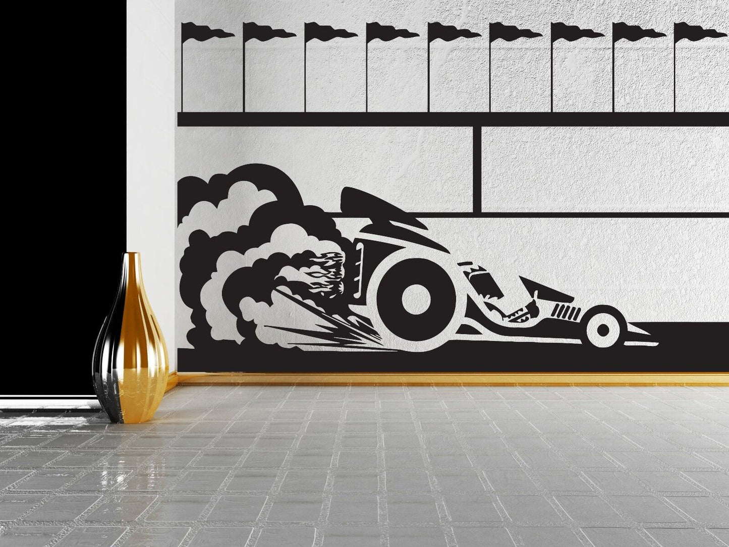 Wall Sticker Vinyl Decal Race Car Flags Trail the brakes tires (n243)