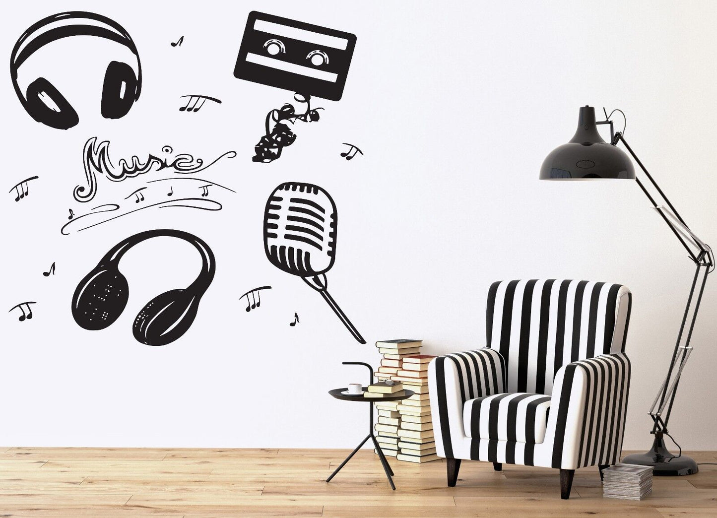 Autocollant mural en vinyle, attributs, microphone, casque, musique, cassette, notes (n324)