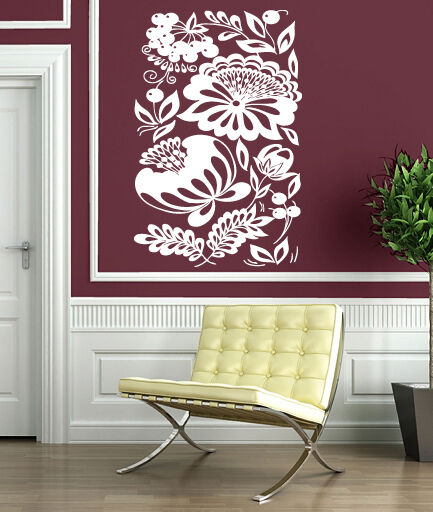 Wall Vinyl Sticker Square Floral Ornament Berry Bunch Openwork Leaves (n368)