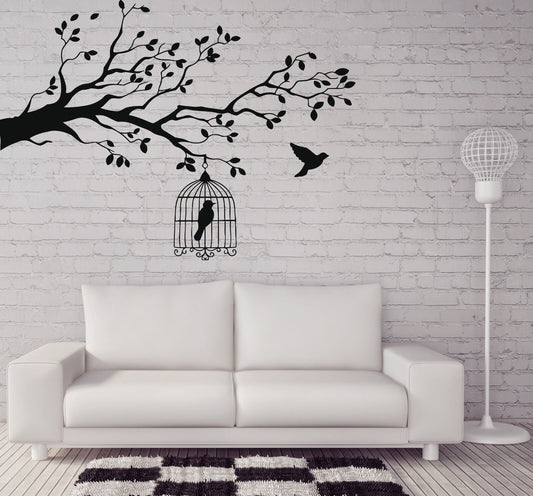 Wall Sticker Caged Bird Tree Branch Let Bird Free Vinyl Decal (n388)