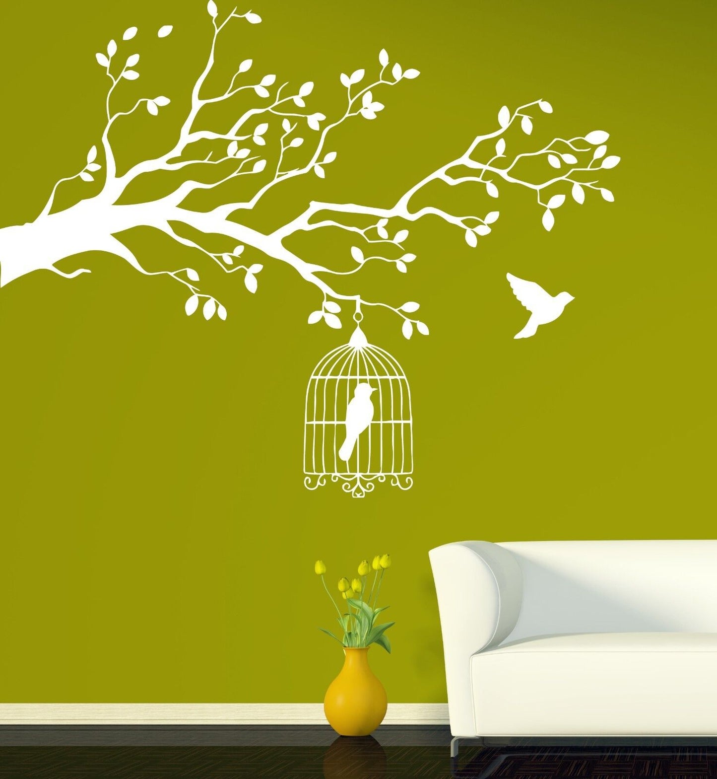 Autocollant mural en cage, branche d'arbre à oiseaux, autocollant en vinyle libre pour oiseaux (n388)