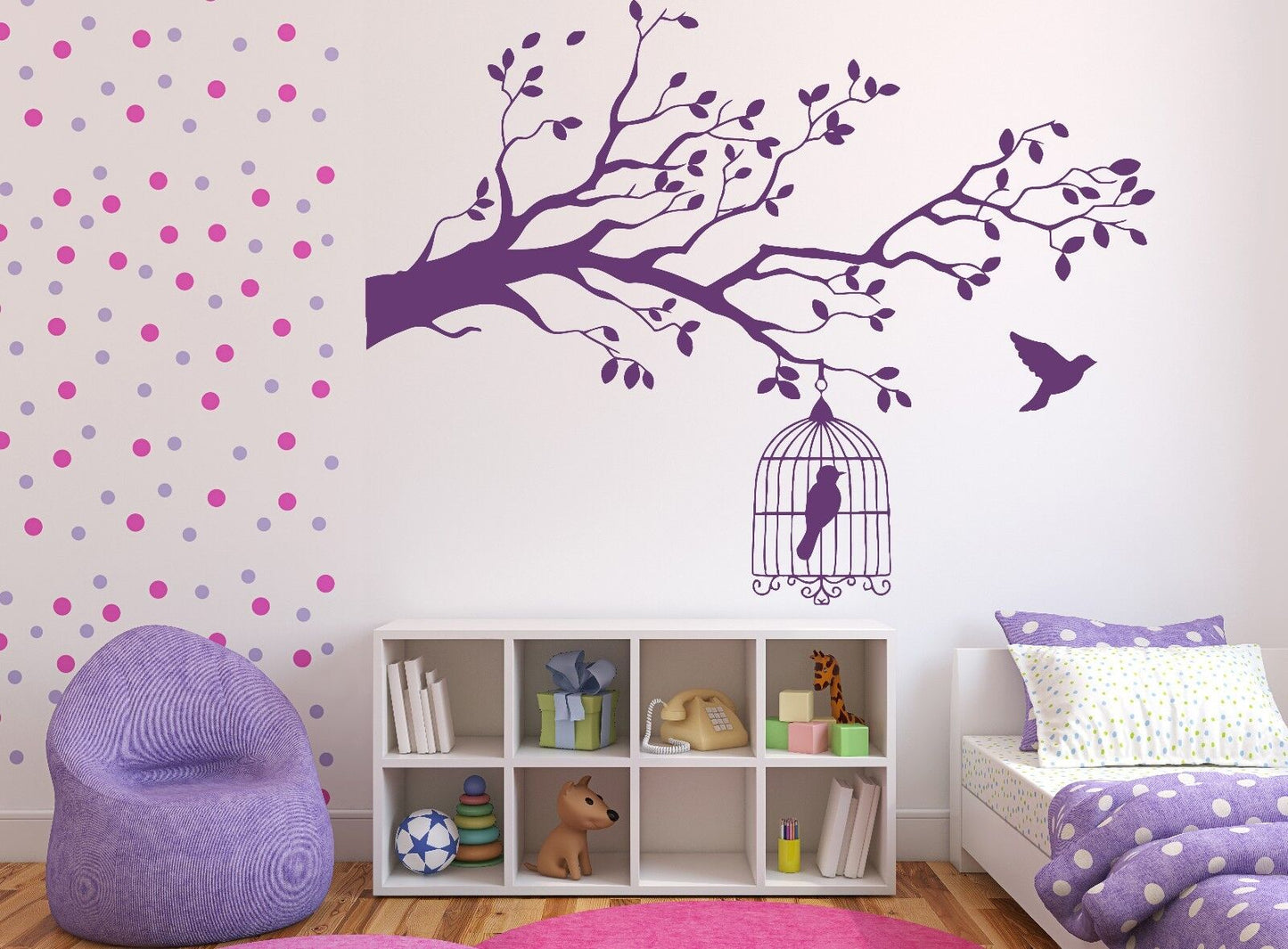 Autocollant mural en cage, branche d'arbre à oiseaux, autocollant en vinyle libre pour oiseaux (n388)