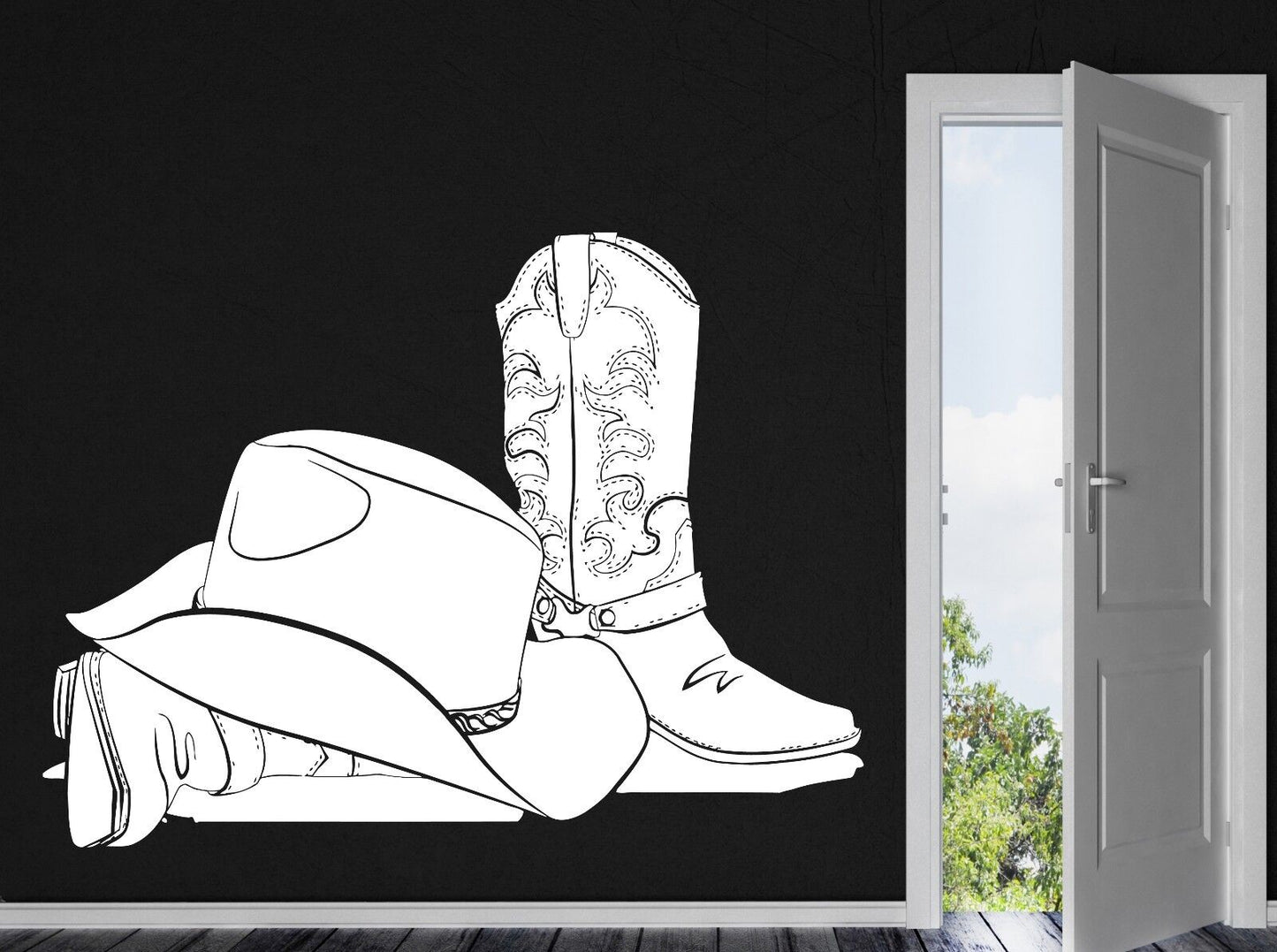 Autocollant mural en vinyle, attributs, chapeau de Cowboy, bottes en cuir Stetson (n414)