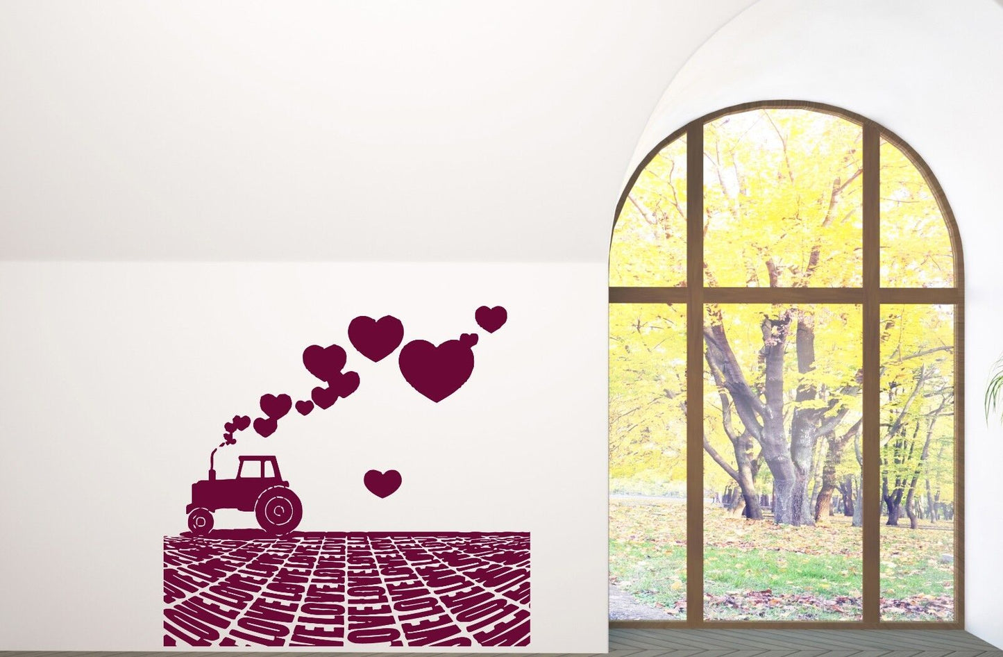 Autocollant mural en vinyle Tracteur labourant un champ de fumée Love Heart (n445)