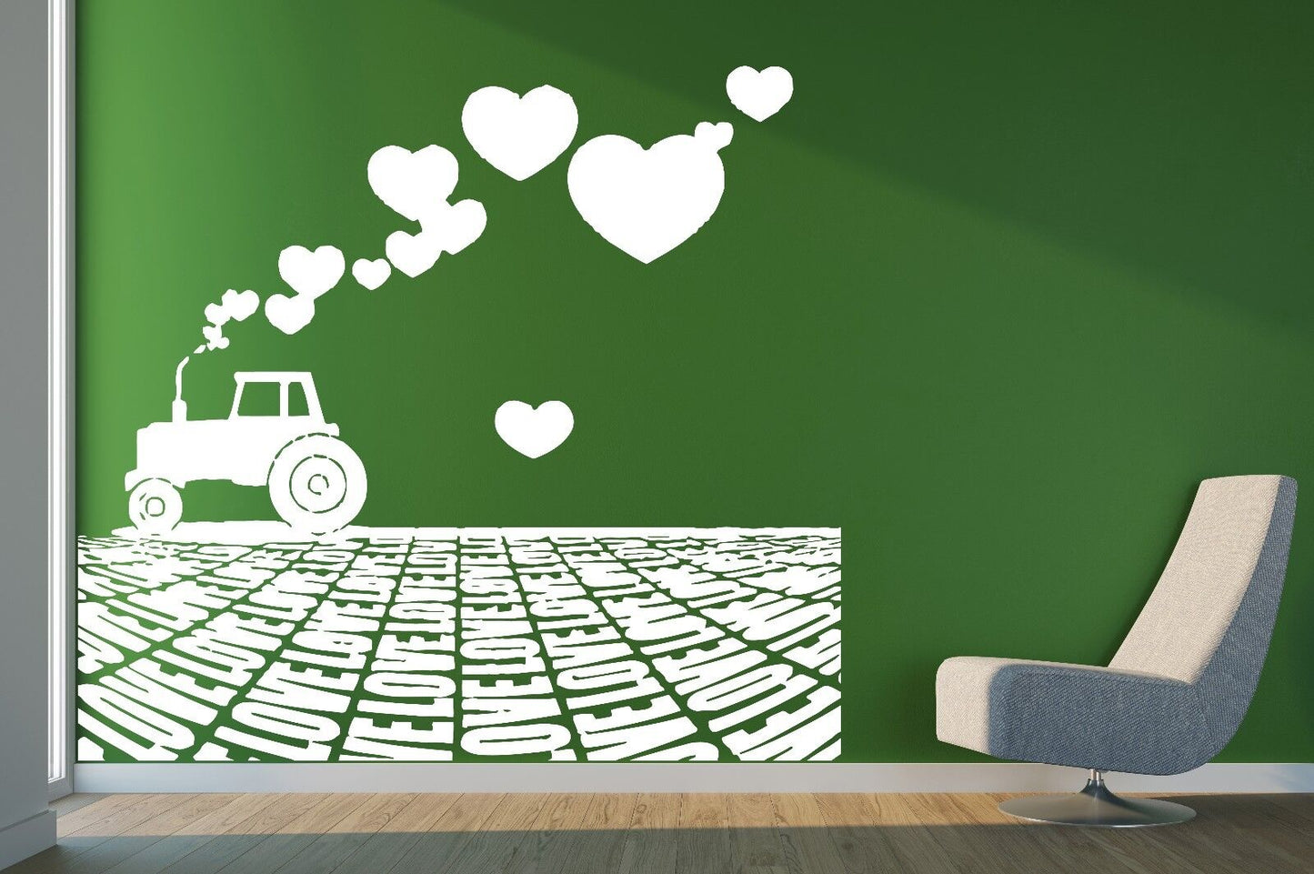 Wall Vinyl Sticker Tractor Plowing a Field of Smoke Love Heart (n445)