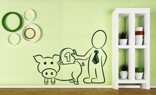 Wall Vinyl Sticker Decal Pig Piggy Bank Dollar Euro Money Coins (n448)